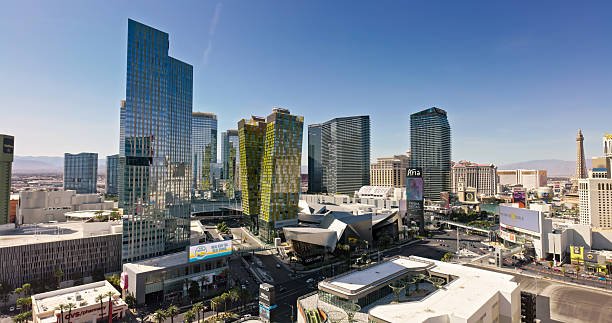 Tall Skyscrapers on the Vegas Strip on a Clear Day - Aerial Shot